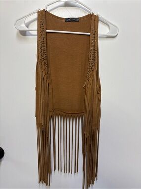 Fringed Suede-Look Vest with Stud Detail - Brown
